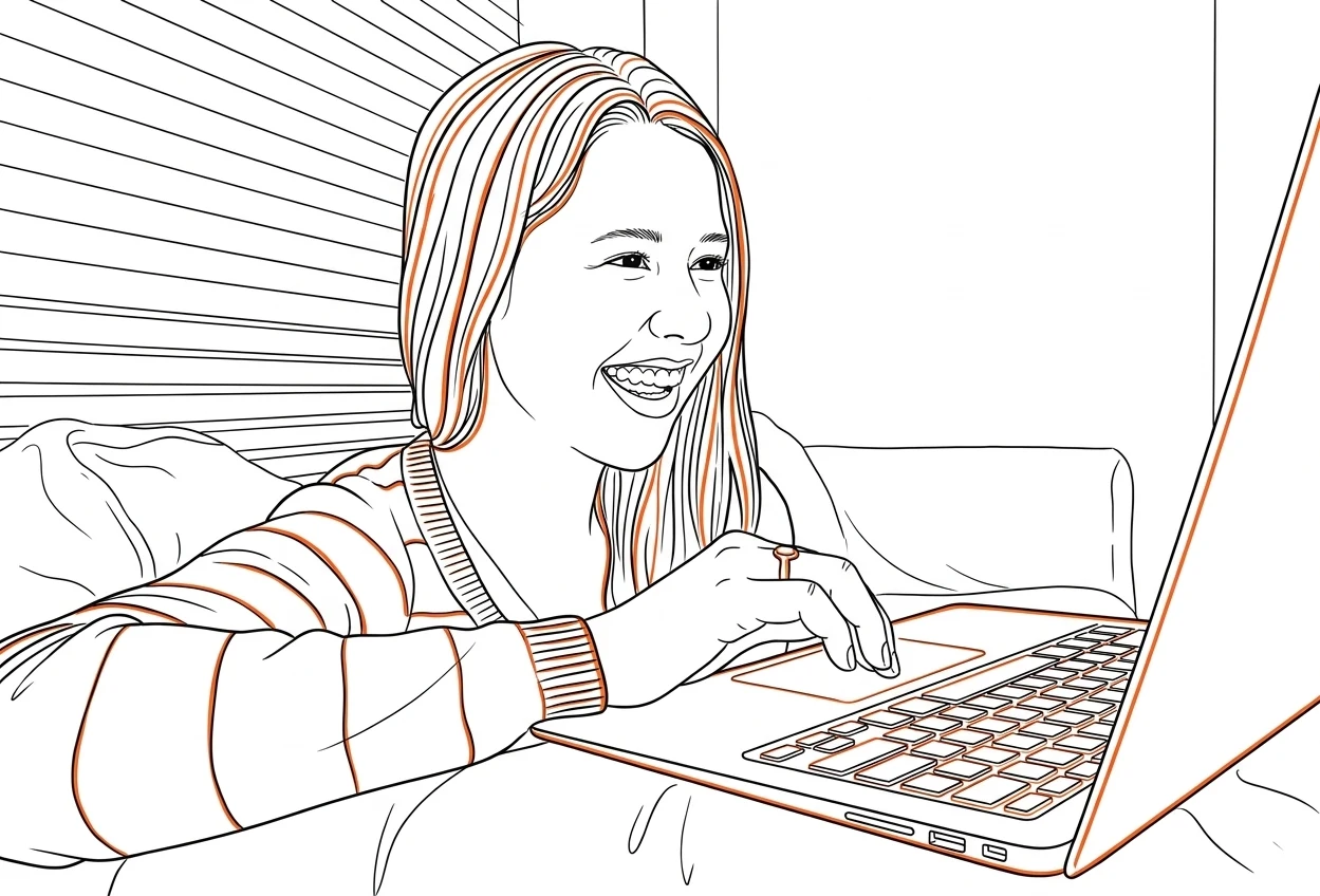 Ink line drawing of a writer smiling while typing at her laptop